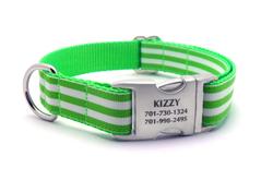 Cabana Stripe Dog Collar with Laser Engraved Personalized Buckle - LIME