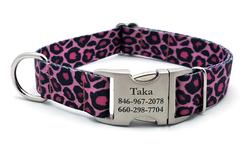 Pink Leopard Polyester Webbing Dog Collar with Laser Engraved Personalized Buckle